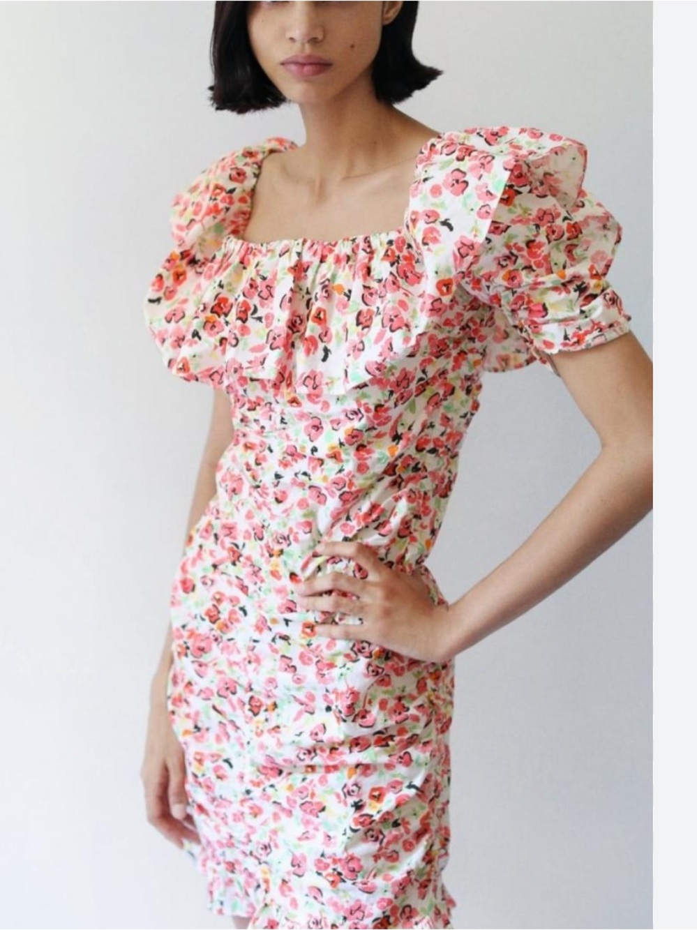 Zara Pink Floral Puff-Sleeve Mini Dress